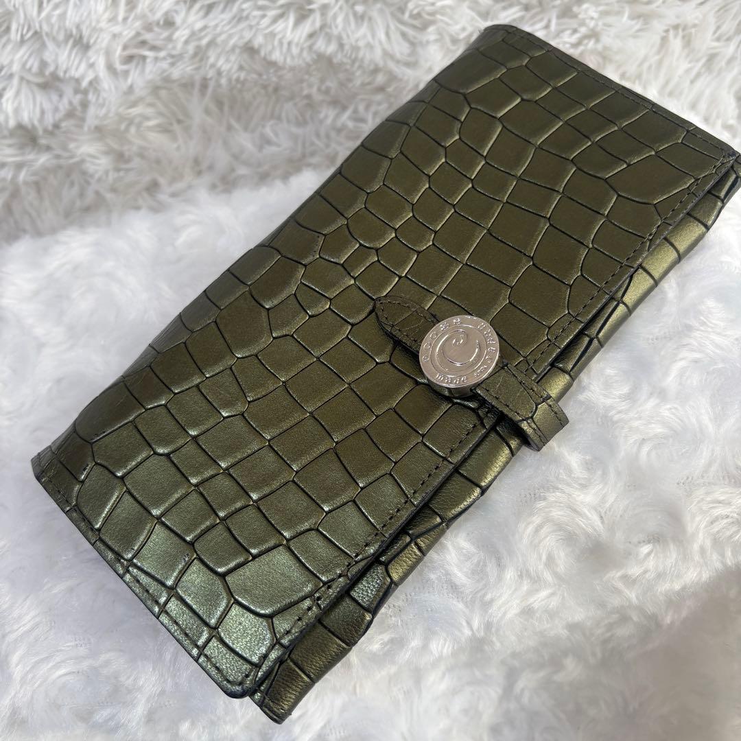 【希少美品】クーガ 二つ折り長財布 クロコ型押し シャイニンググリーンカラー
