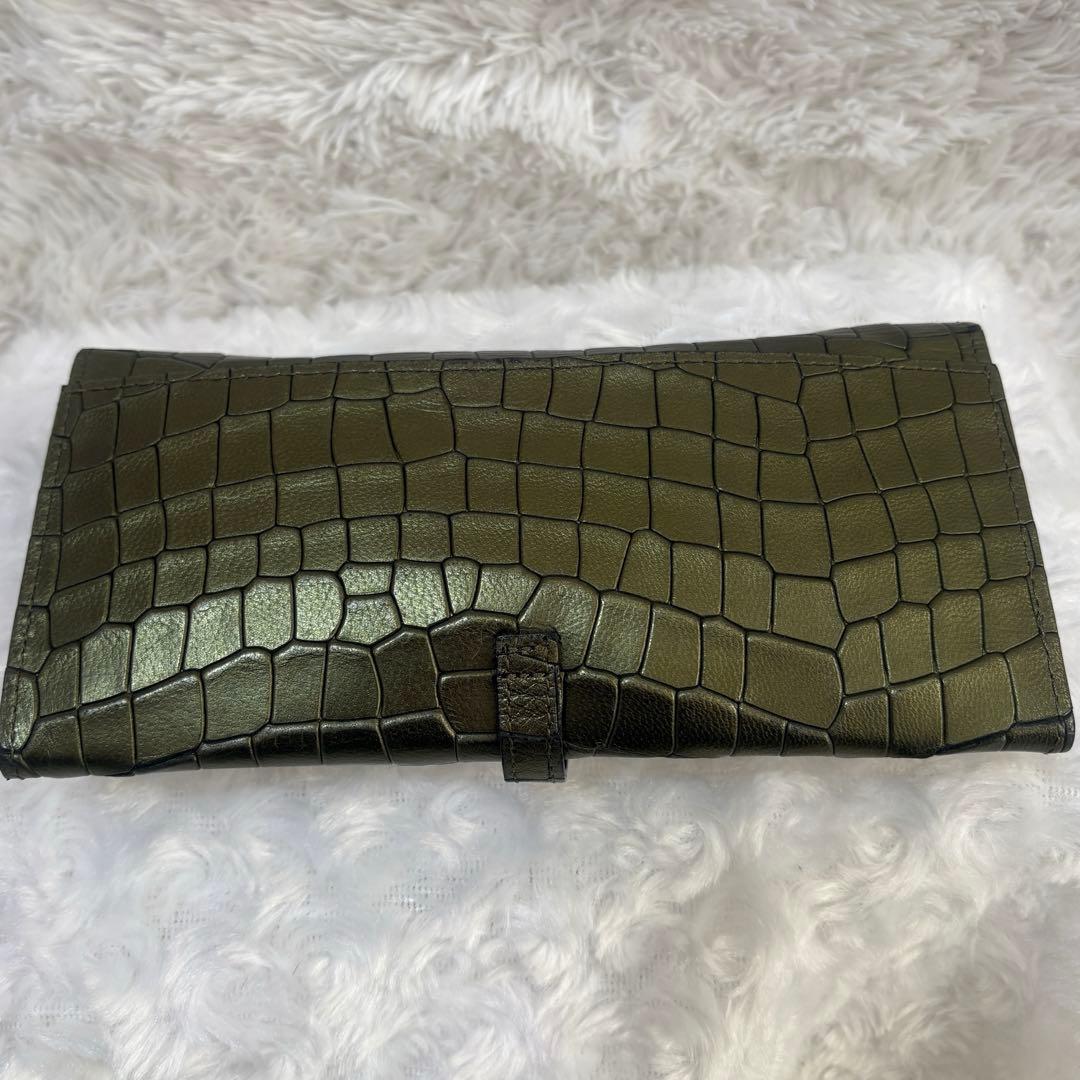 【希少美品】クーガ 二つ折り長財布 クロコ型押し シャイニンググリーンカラー