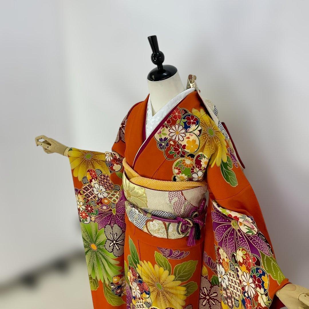 お振袖 大輪オレンジ　正絹　東雲　LLサイズ　美品