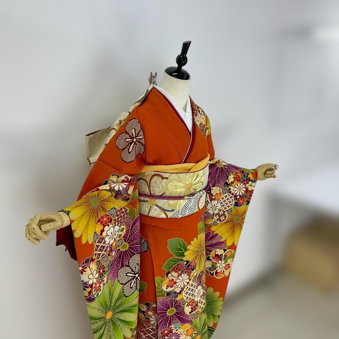 お振袖 大輪オレンジ　正絹　東雲　LLサイズ　美品