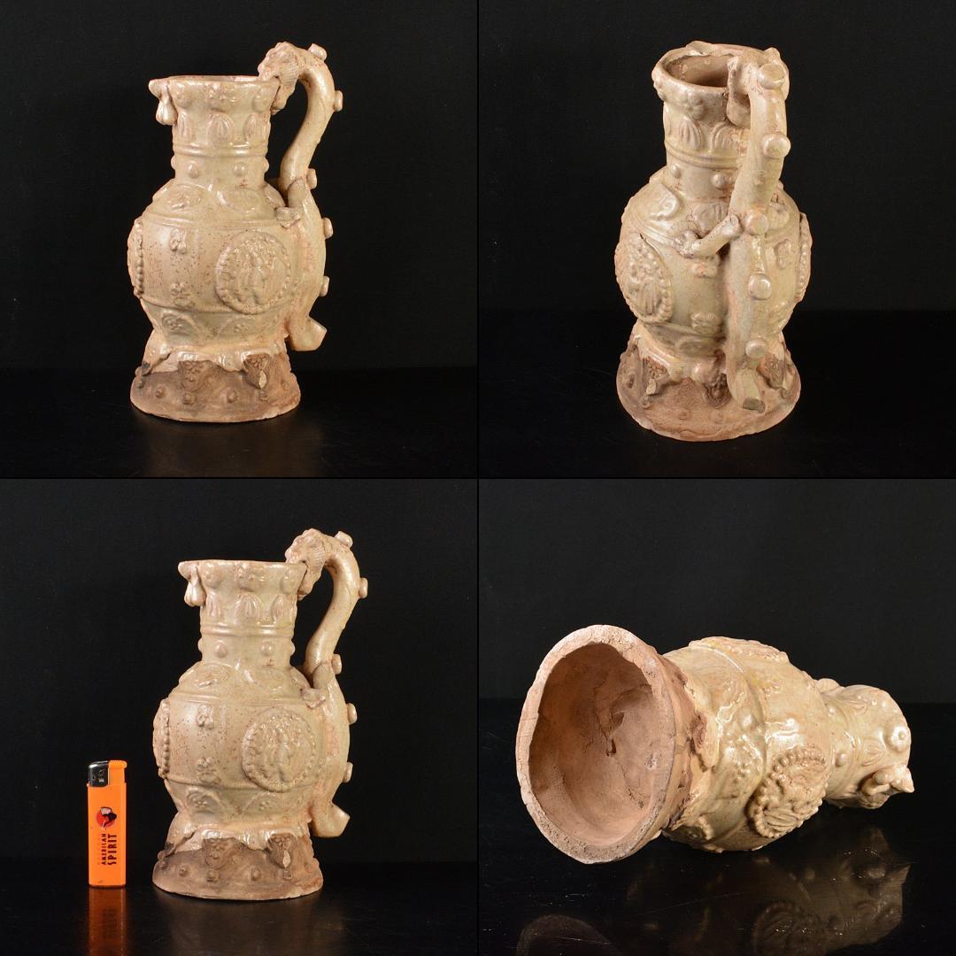 中国　耀州窯青磁　神獣持手瓶　花瓶　N　R5897