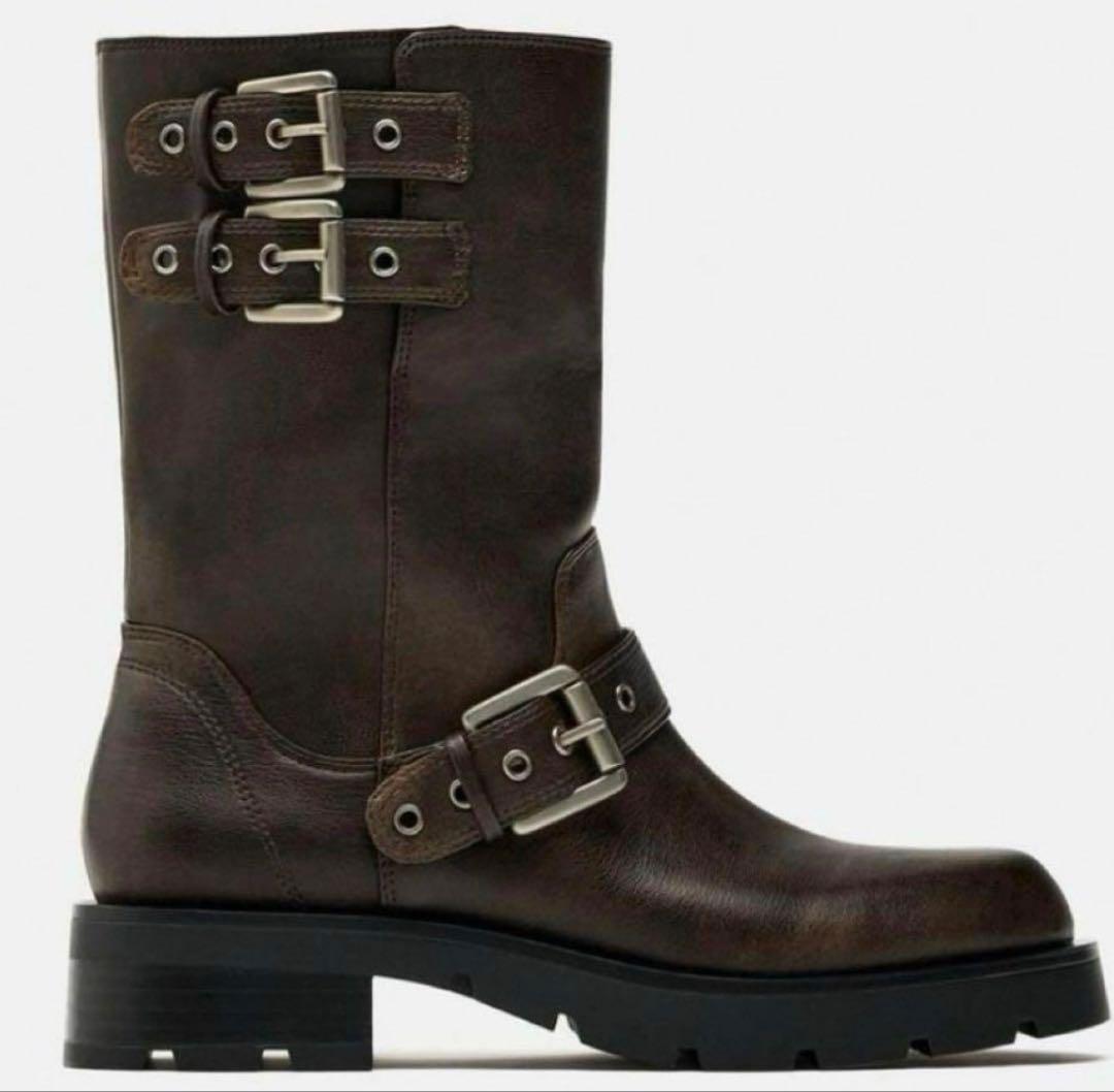 ZARA バックルフラットライダース アンクルブーツ 36 (23.5cm）