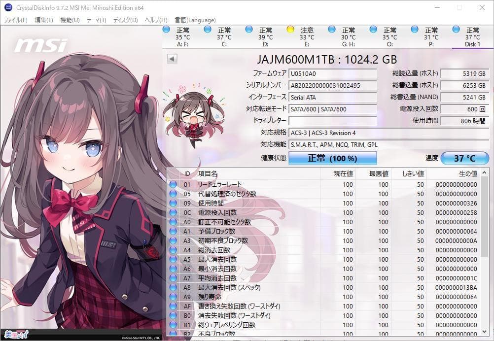 使用時間806時間 LEVEN m.2 NGFF SSD 1TB