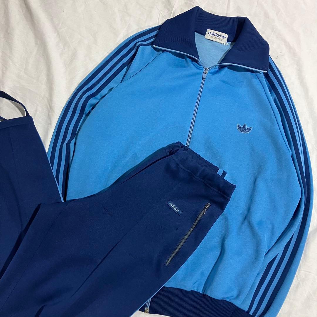 80s adidas デサント製 上下　セットアップ　ジャージ　青 刺繍ロゴ