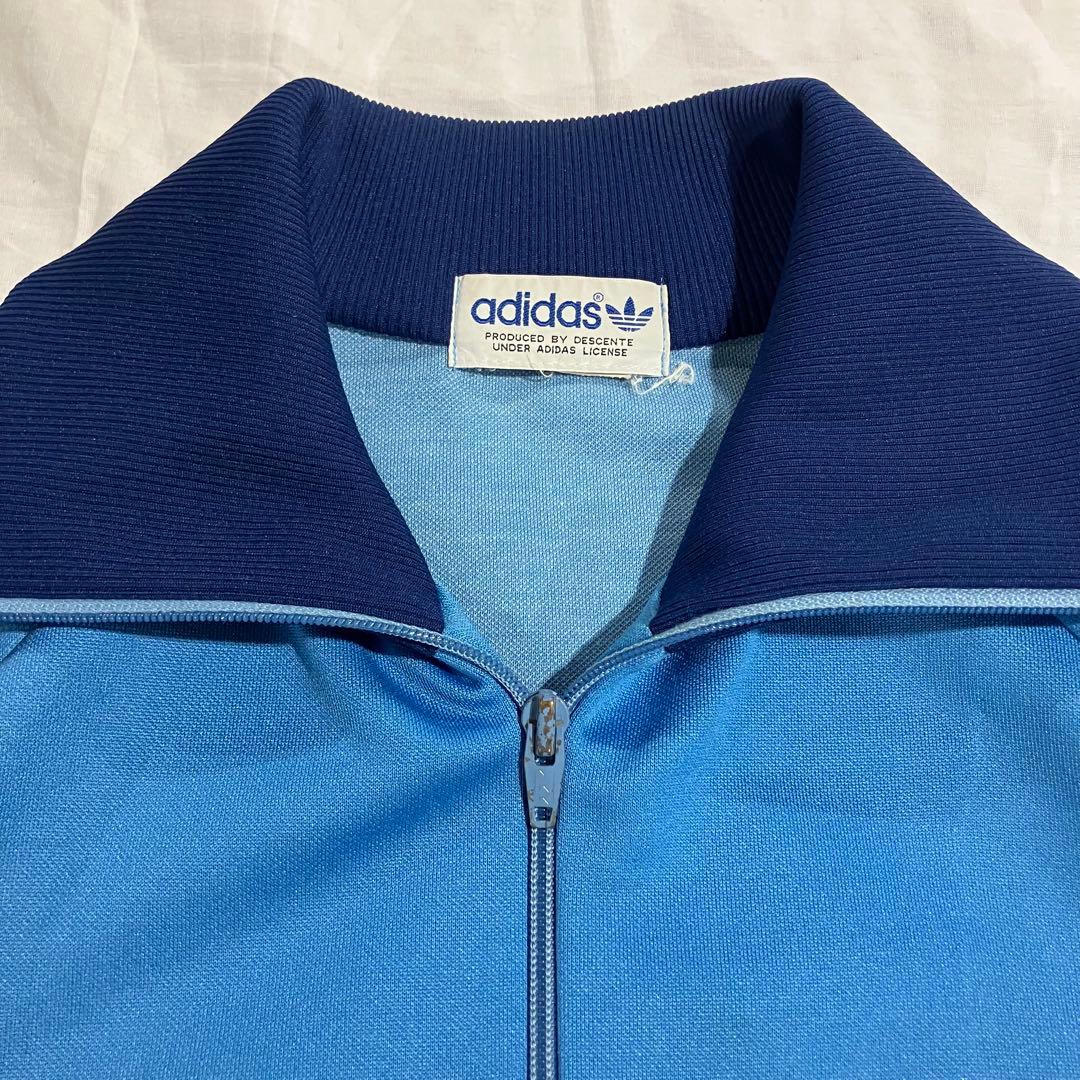 80s adidas デサント製 上下　セットアップ　ジャージ　青 刺繍ロゴ