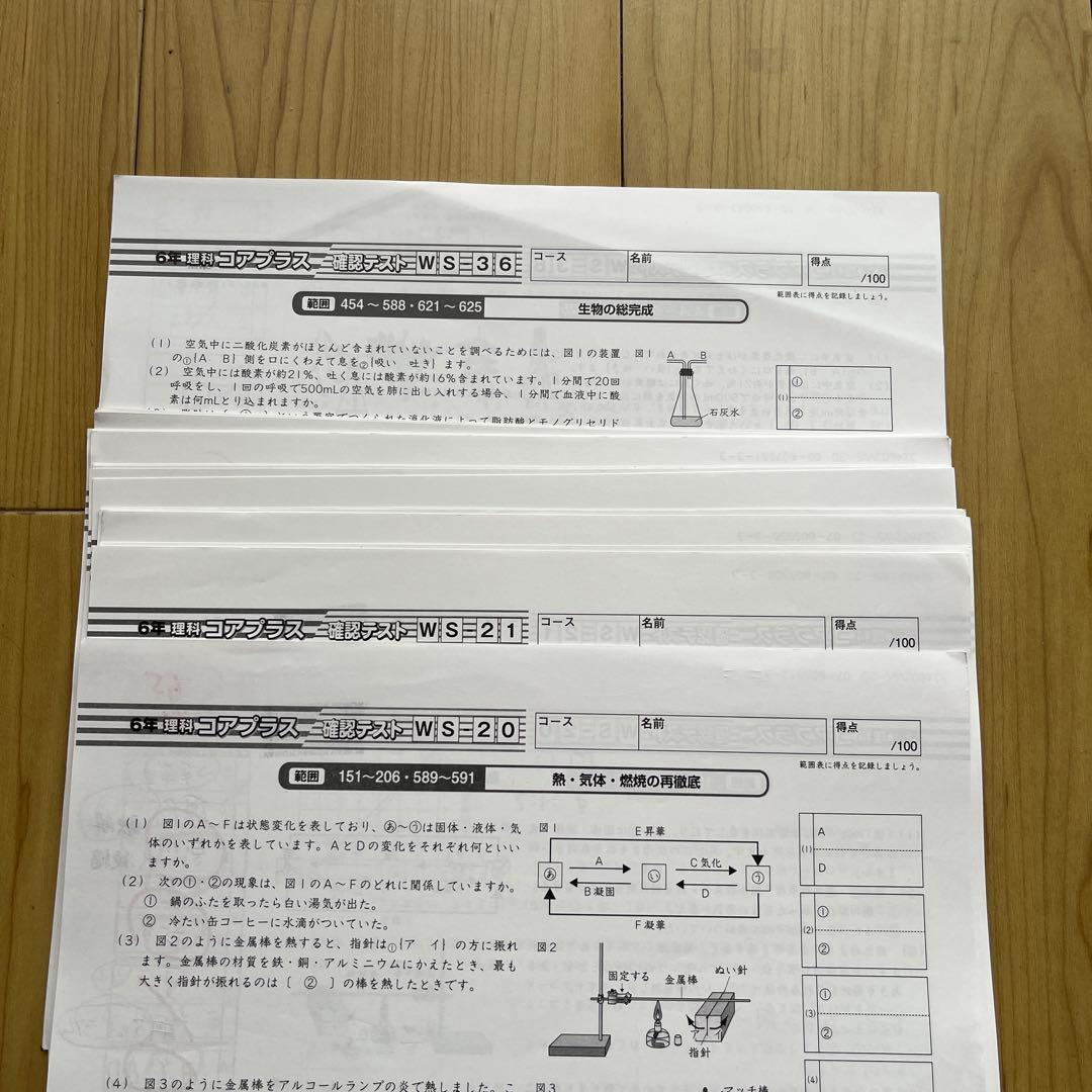 SAPIX 6年理科WS01〜36 知識の20/50題、知識の総、コア確認テスト