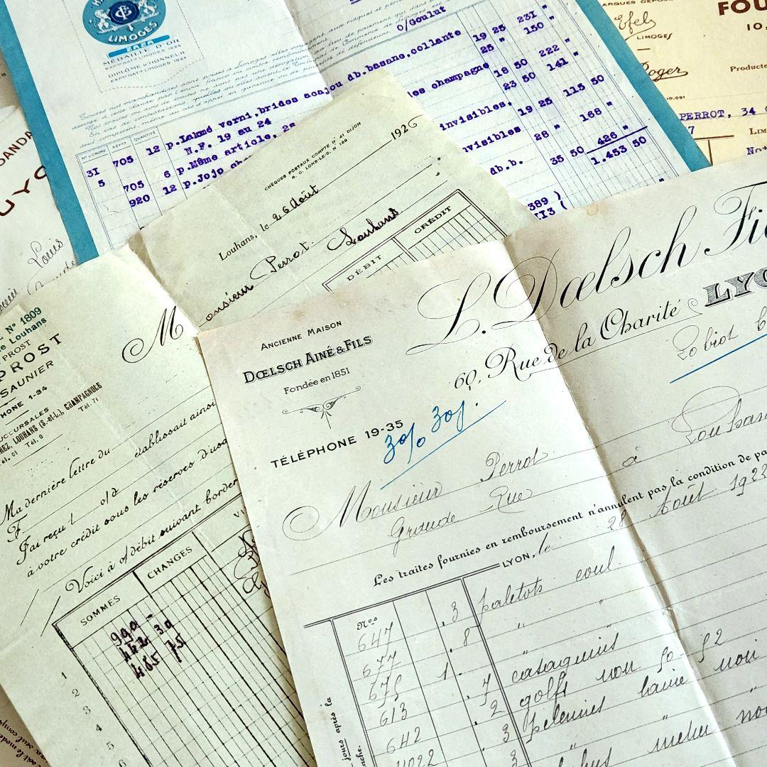 ヴィンテージ紙もの＊蚤の市＊1900年初頭～フランスの領収書など書類100枚①