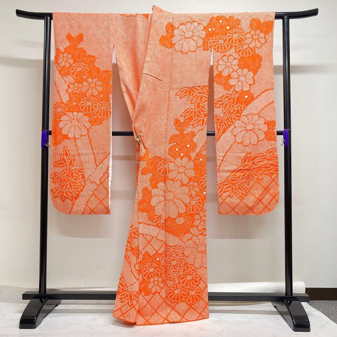 振袖　総絞り　菊花　笹　花模様　着物　045k p