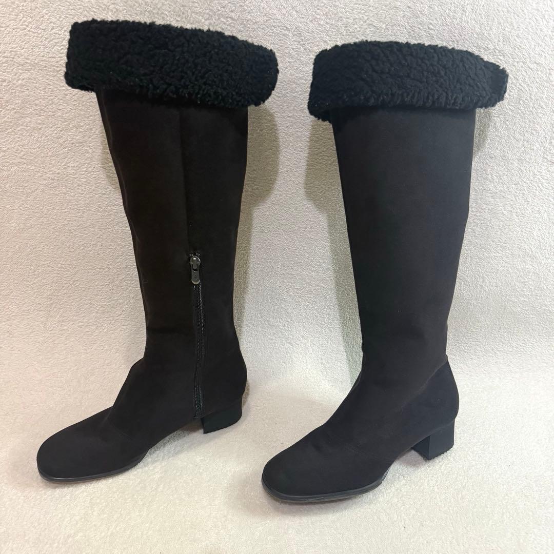 【美品】銀座かねまつ　ゴアテックス　ロングブーツ　24.5 スエード　黒　ボア