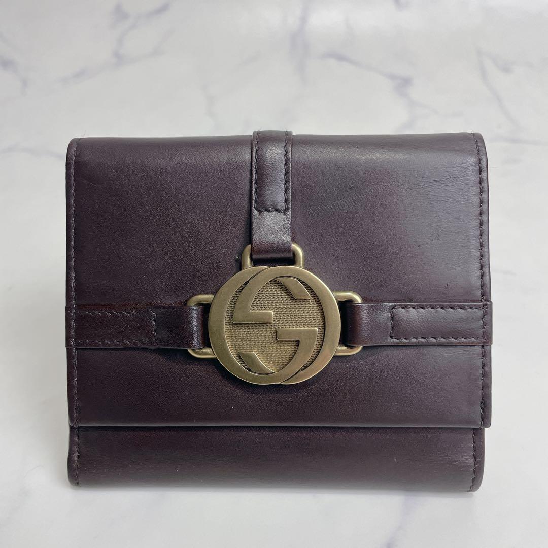 GUCCI 二つ折り インターロッキング ホック GG ブラウン レザー