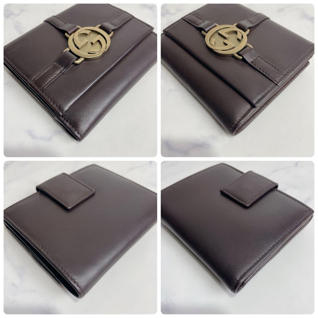 GUCCI 二つ折り インターロッキング ホック GG ブラウン レザー