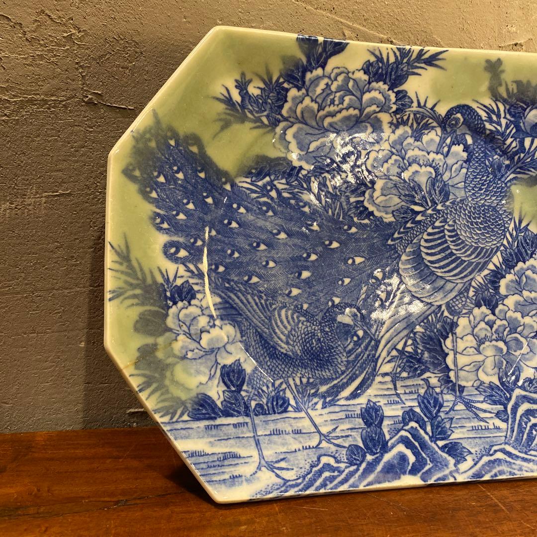 明治 時代物 古伊万里 有田焼 印判八角皿 孔雀 花鳥 骨董品