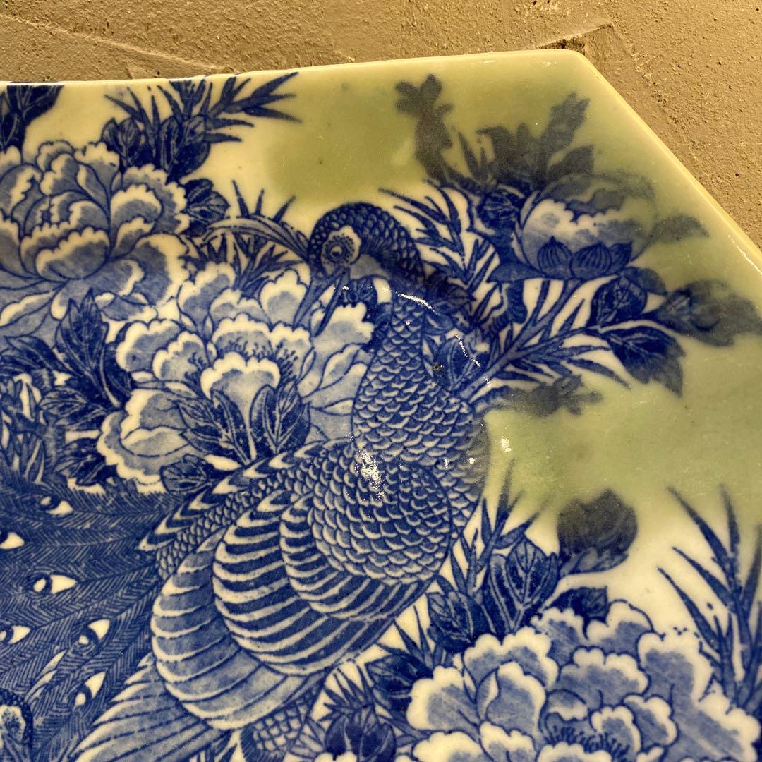 明治 時代物 古伊万里 有田焼 印判八角皿 孔雀 花鳥 骨董品