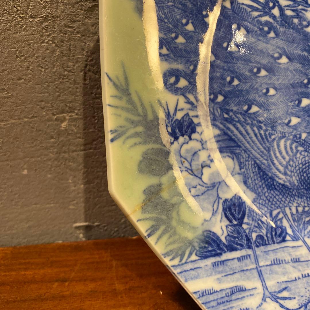 明治 時代物 古伊万里 有田焼 印判八角皿 孔雀 花鳥 骨董品
