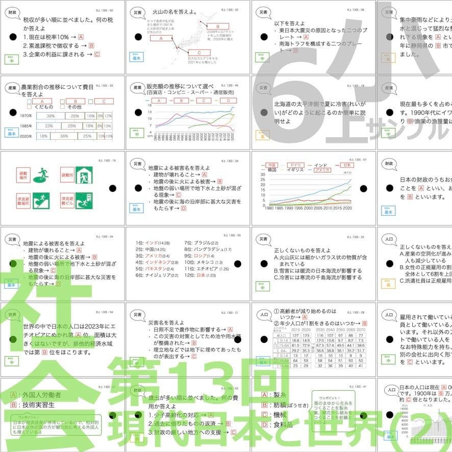 中学受験 暗記カード【6年上 社会 10-17回】予習シリーズ 組分け