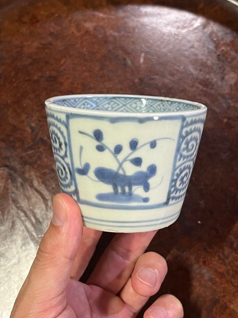 蕎麦猪口　古伊万里　そば猪口　無傷完品　伊万里　染付　蛸唐草　窓絵　草花　染付