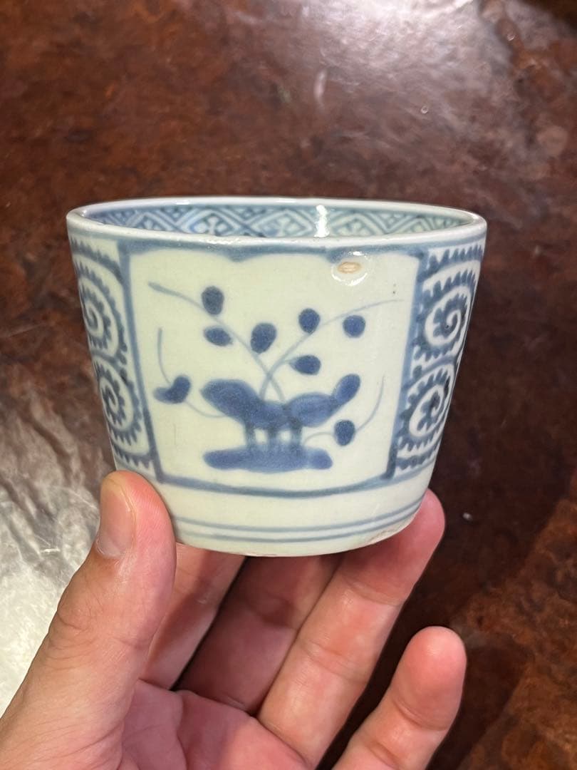 蕎麦猪口　古伊万里　そば猪口　無傷完品　伊万里　染付　蛸唐草　窓絵　草花　染付