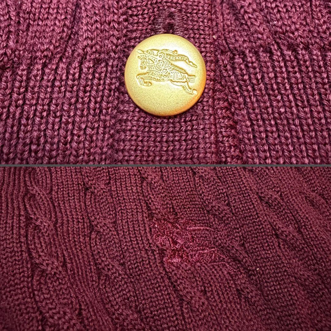 バーバリーズ 金ボタン カシミヤ ケーブル編み カーディガン ワイン ホース刺繍