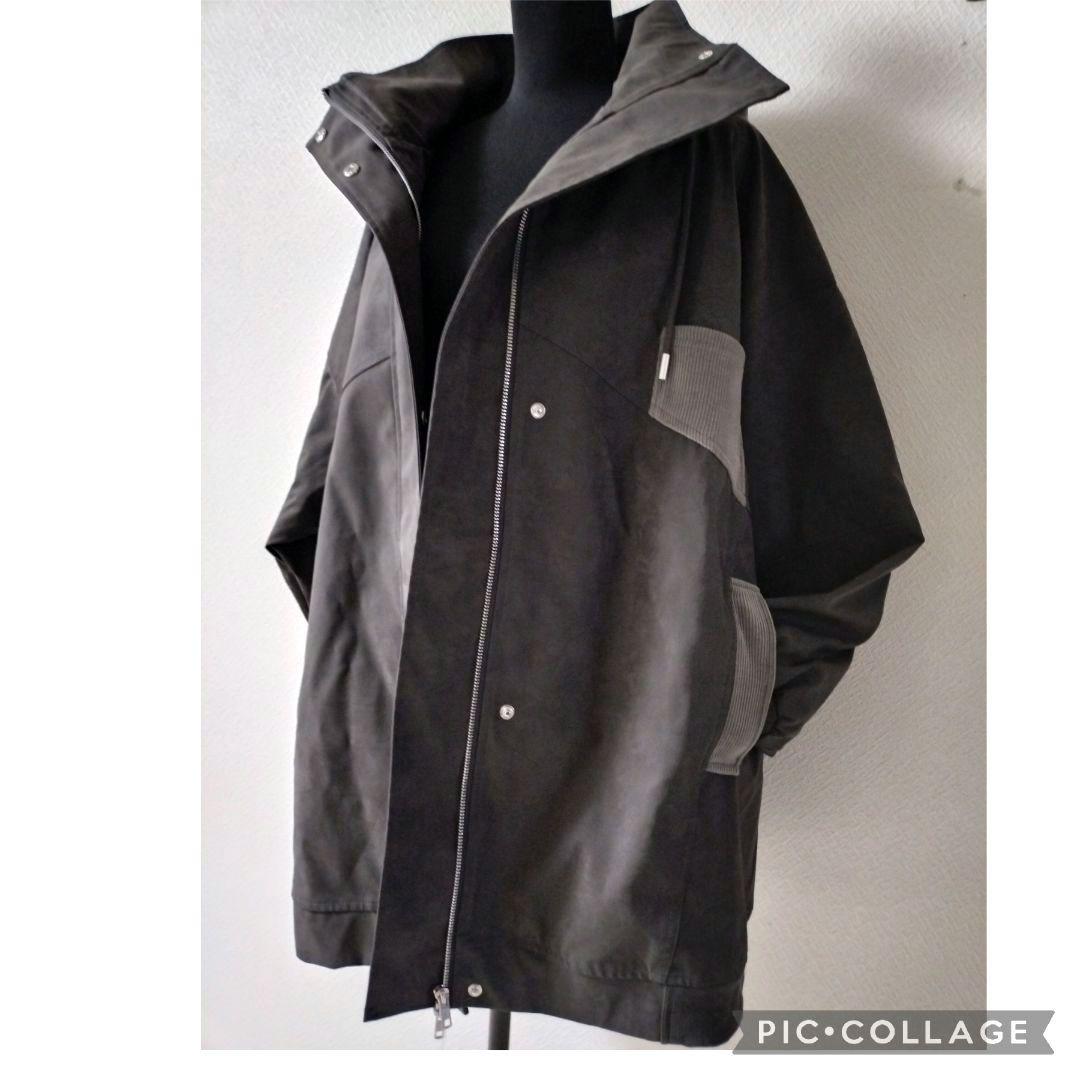 【新品】ハグユー 異素材フェイクレザーコート 2wayフード スモークグレー