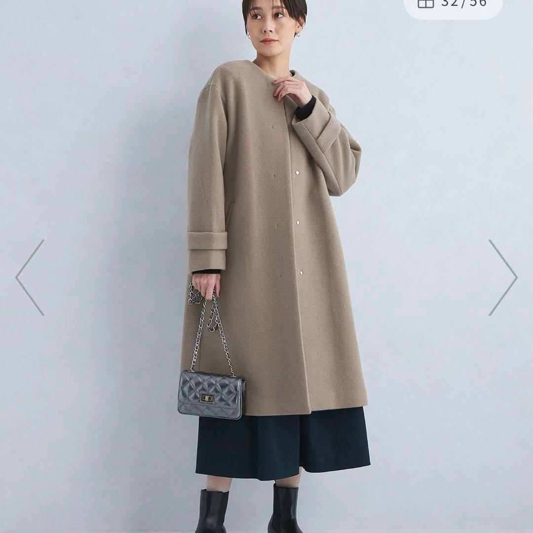 【美品】グリーンレーベルリラクシング定価35,200円23AWノーカラーコート