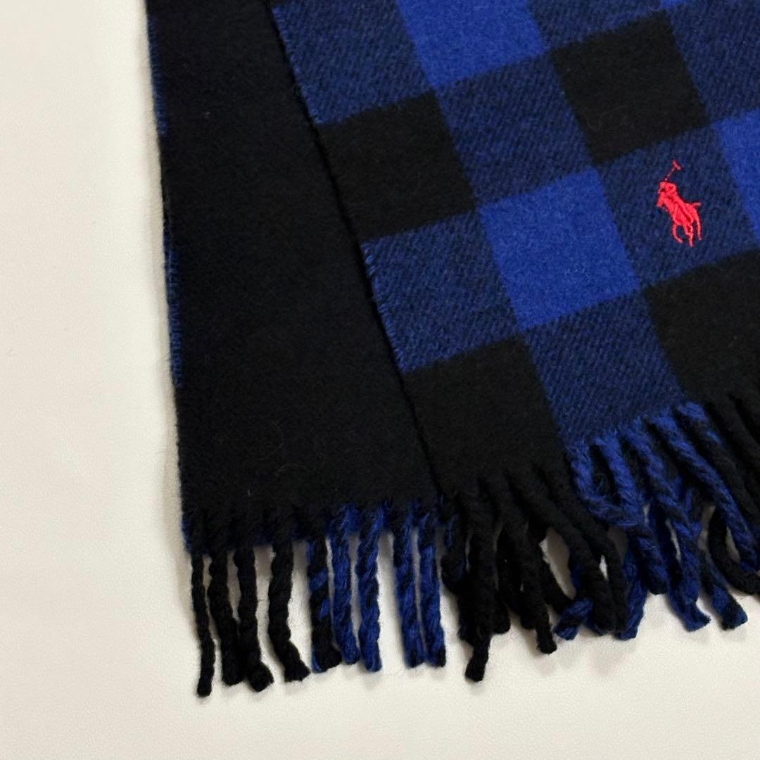 美品 ポロラルフローレン マフラー ロゴ刺繍 イタリア製 青チェック