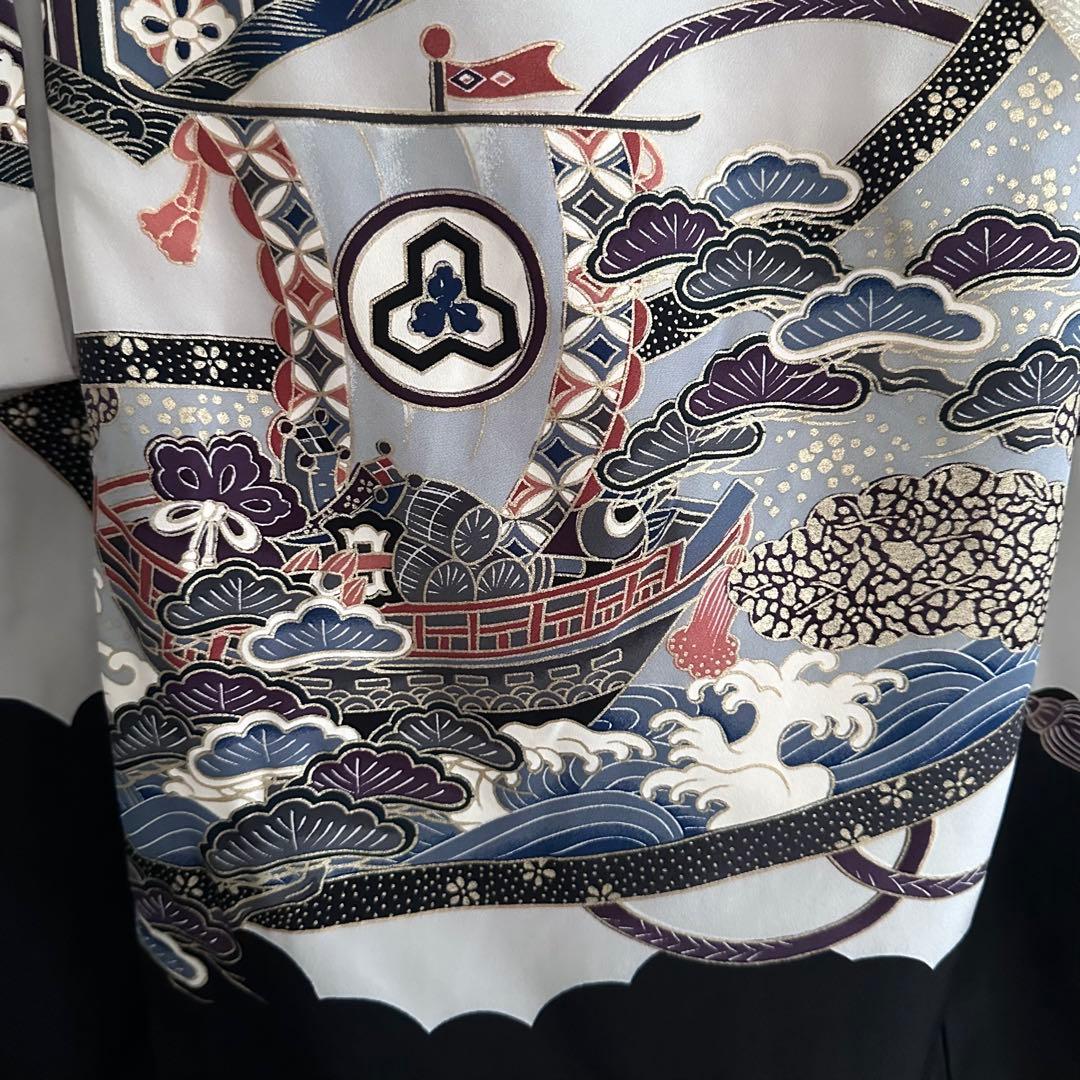 正絹・日本製 男の子 祝い着／お宮参り着物 鷹・宝船 五つ紋 長襦袢付き 七五三