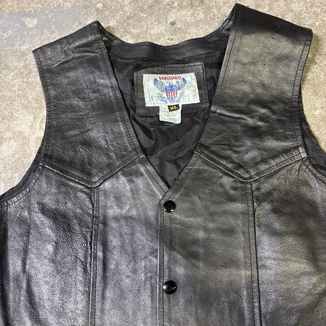 90s VANGUARD 本革 レザーベスト XL USA製風 バイカー