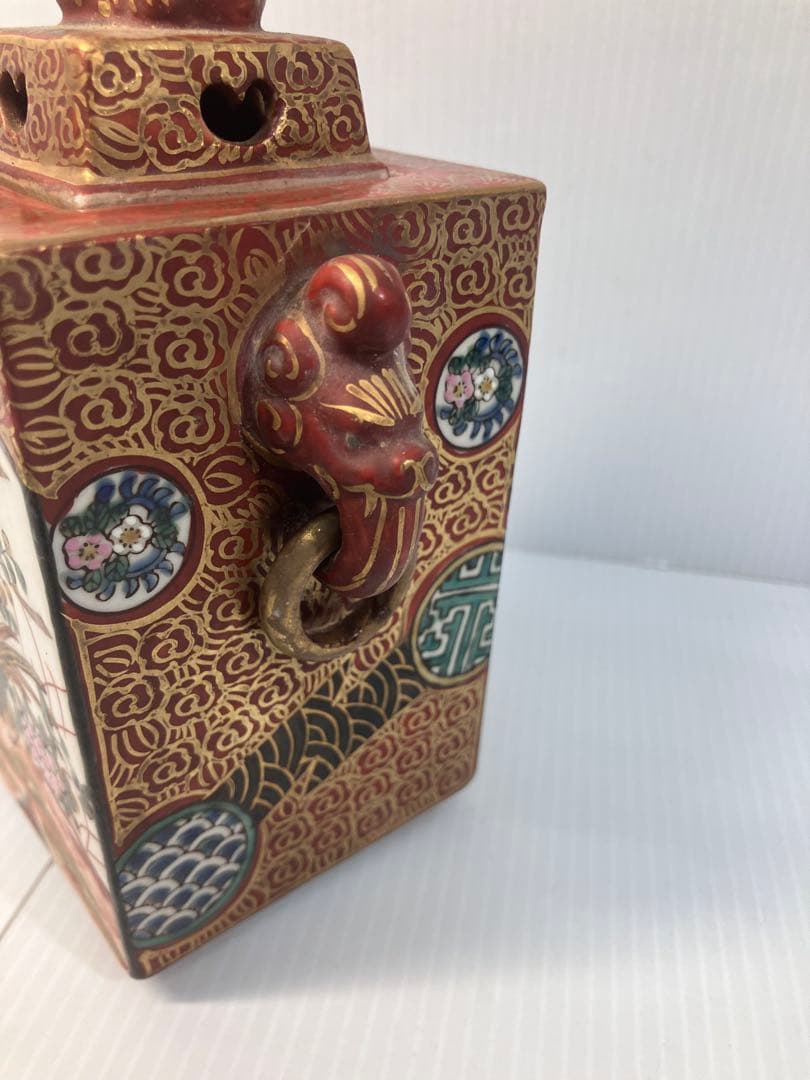 一点もの！九谷焼 九谷庄三 赤絵獅子 摘み角香炉 九谷五彩 赤九谷 金襴手