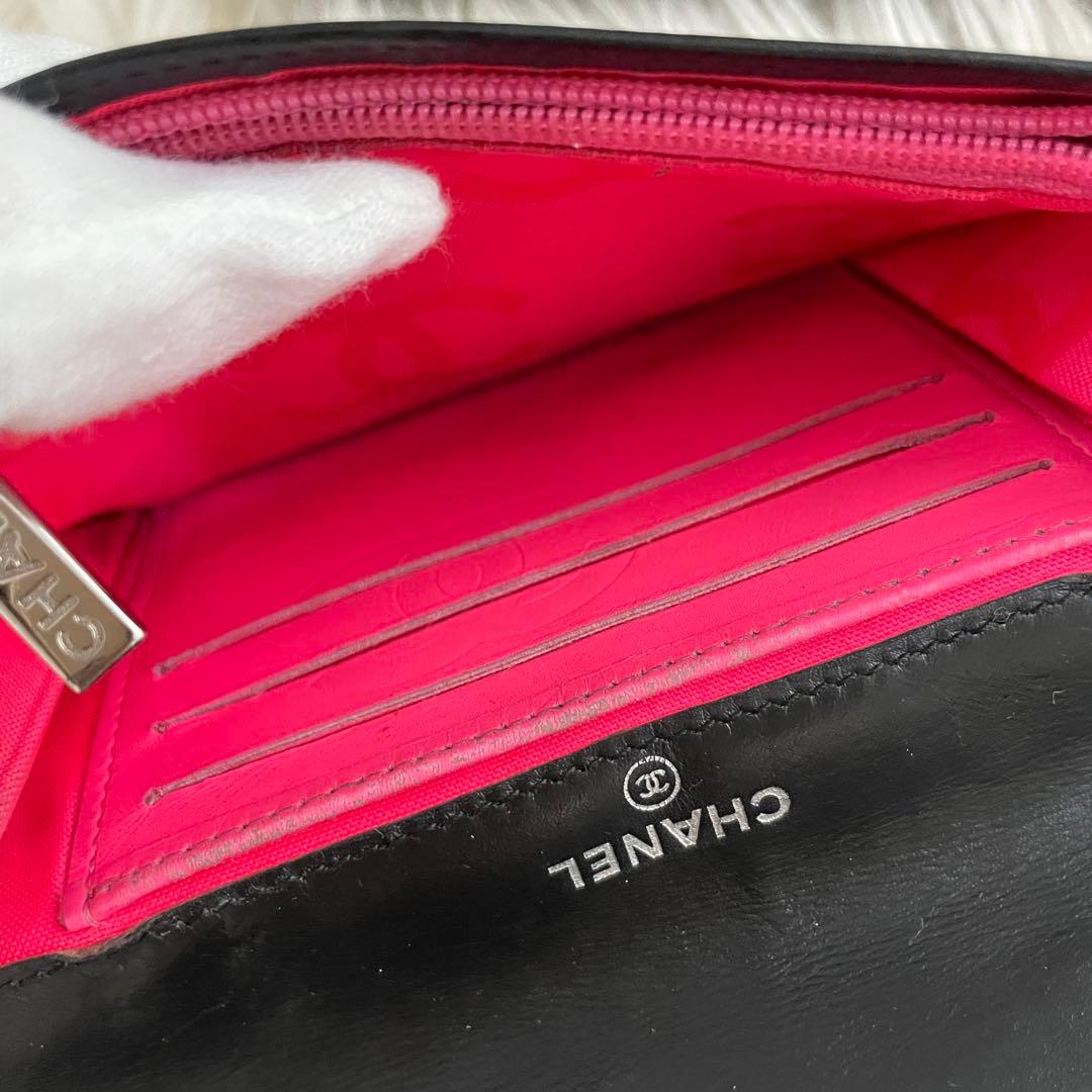 シャネル CHANEL 二つ折り 財布 カンボンライン ピンク 黒 正規品 白