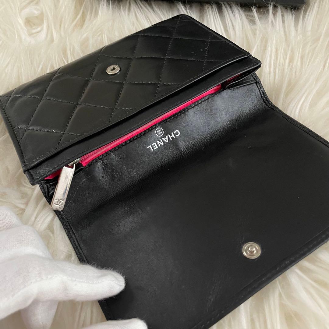 シャネル CHANEL 二つ折り 財布 カンボンライン ピンク 黒 正規品 白