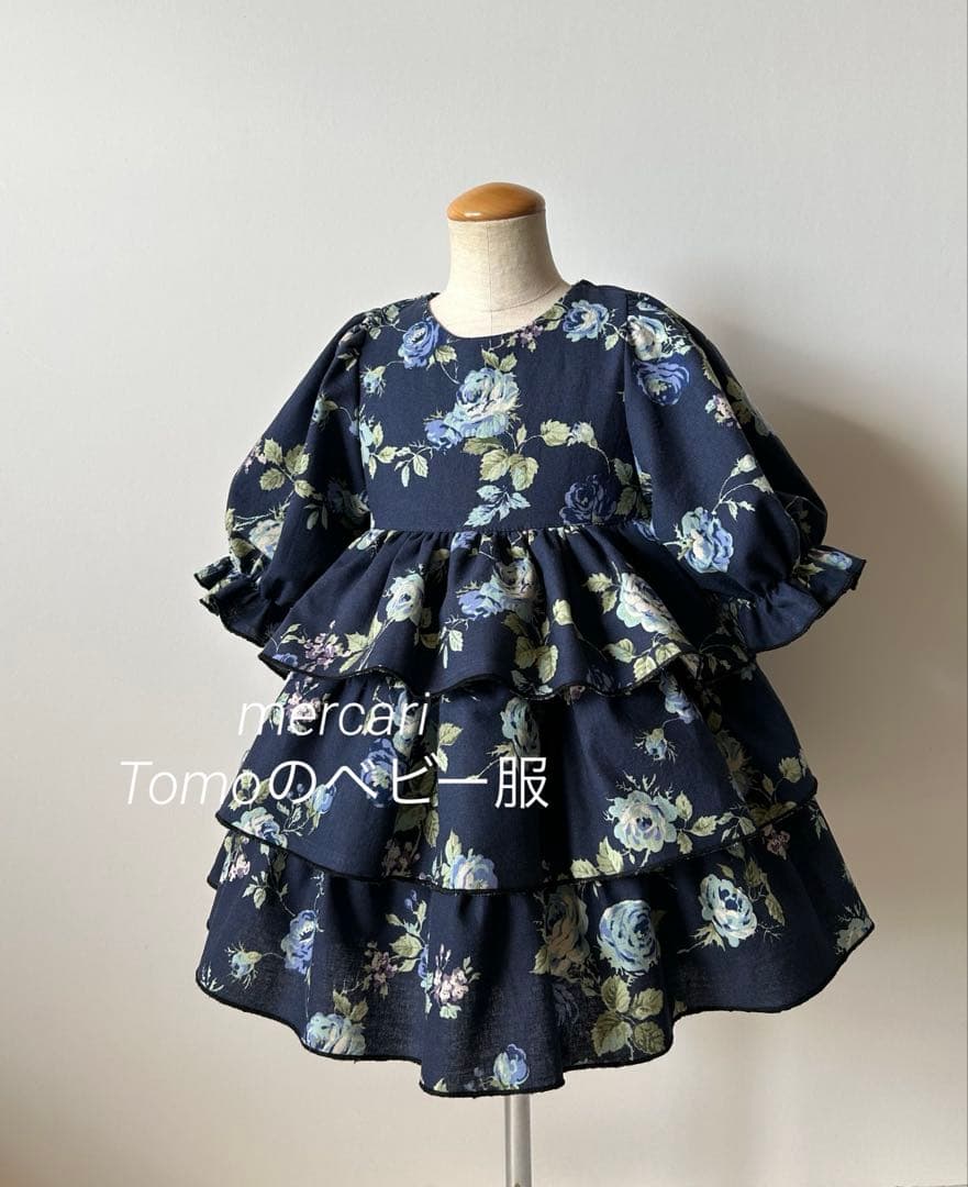 ハンドメイド　コットンリネン　ティアードフリルワンピース