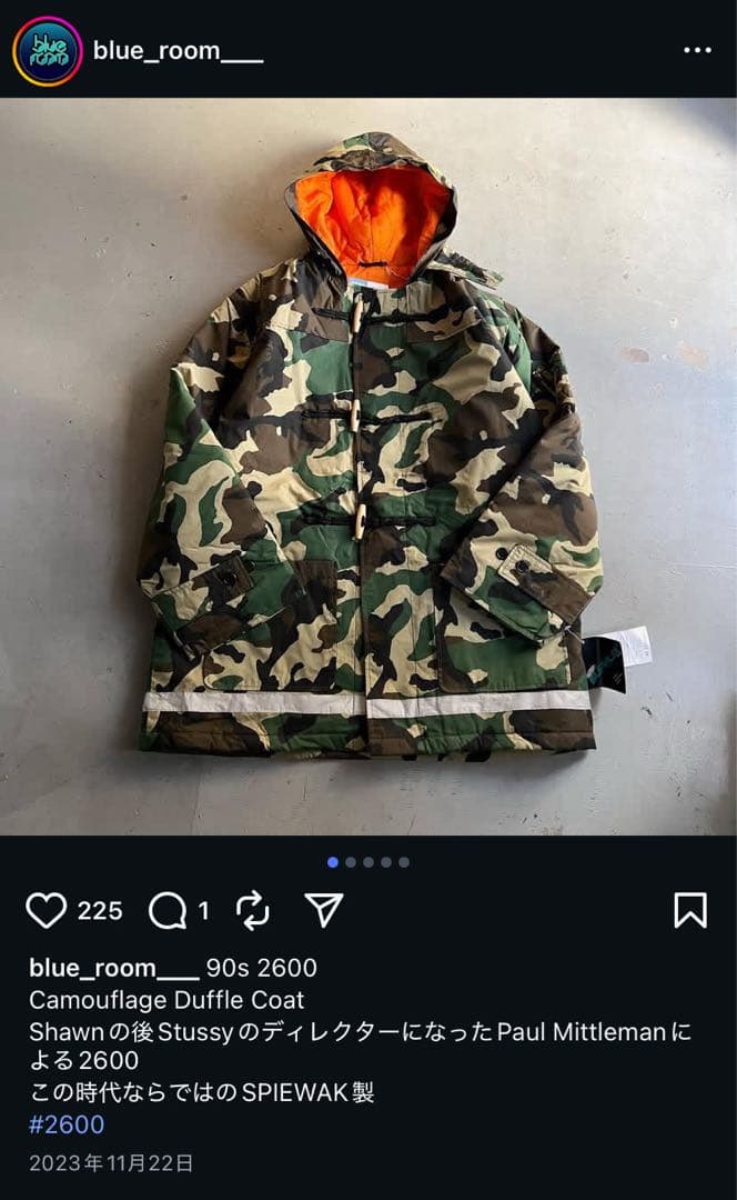 2600 stussy 90s迷彩ダッフルコート ポーカーズつかさ