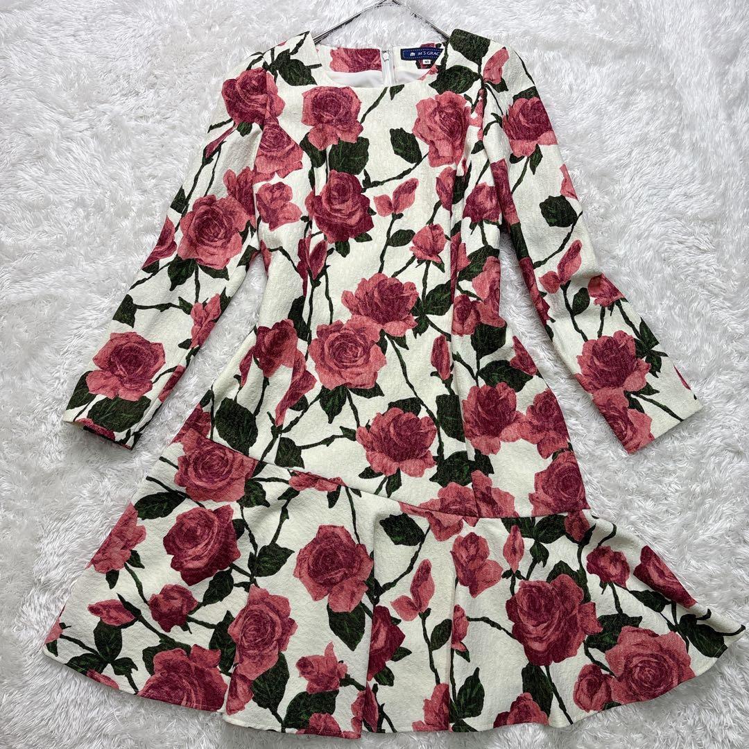 ✨美品✨エムズグレイシー 膝丈ワンピース 花柄 ローズ 長袖 サイズ 40／L