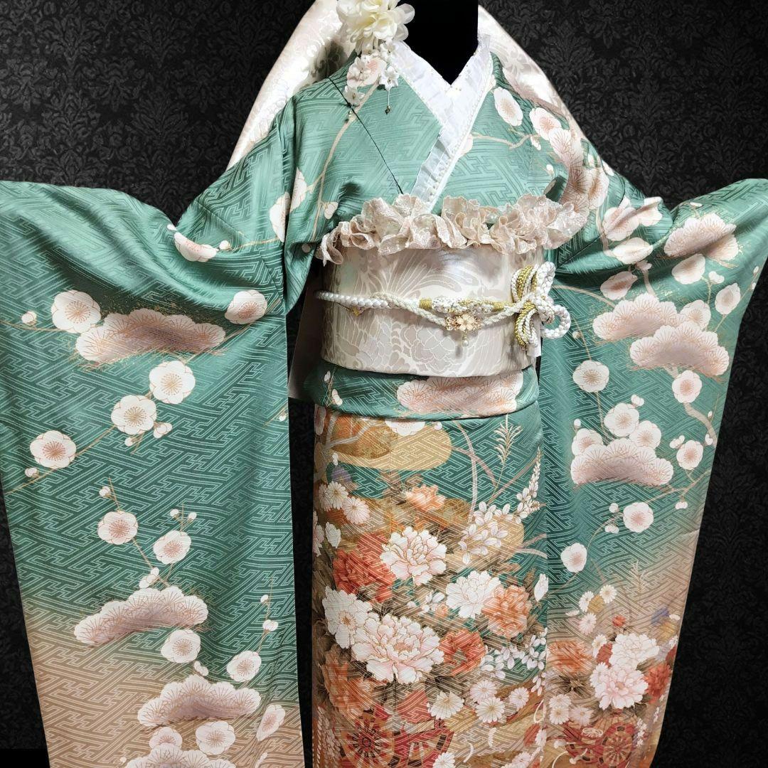 振袖フルセット(8点)・成人式・金駒刺繍・牡丹・ミントグリーン・くすみカラー