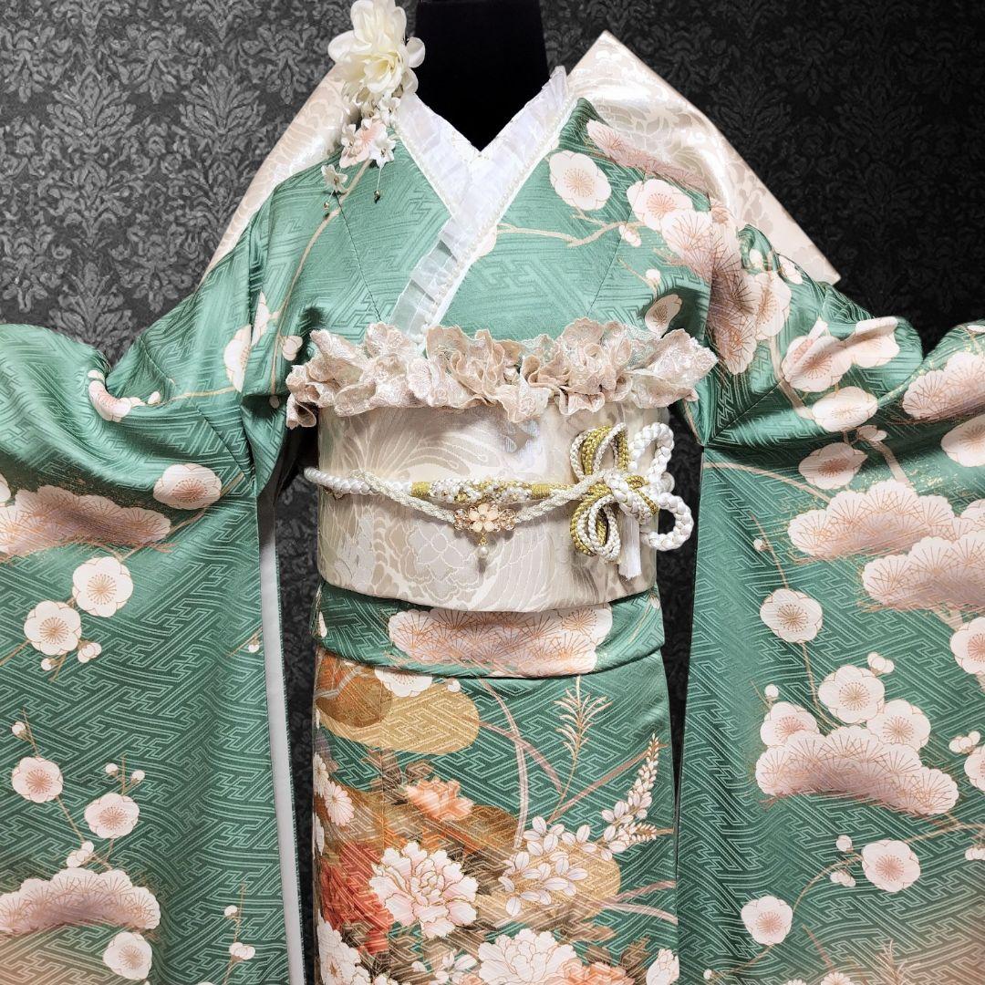 振袖フルセット(8点)・成人式・金駒刺繍・牡丹・ミントグリーン・くすみカラー