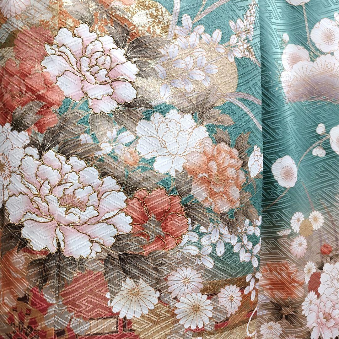 振袖フルセット(8点)・成人式・金駒刺繍・牡丹・ミントグリーン・くすみカラー