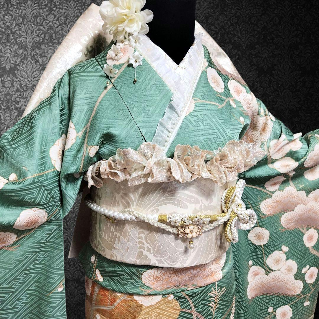 振袖フルセット(8点)・成人式・金駒刺繍・牡丹・ミントグリーン・くすみカラー