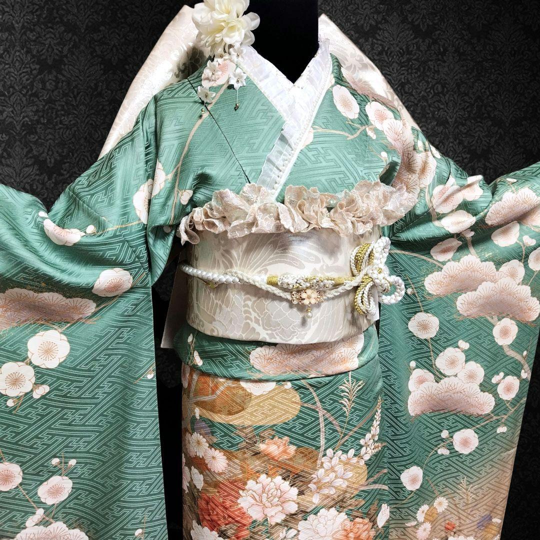 振袖フルセット(8点)・成人式・金駒刺繍・牡丹・ミントグリーン・くすみカラー