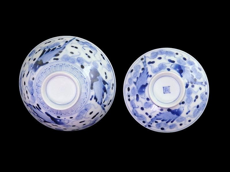古伊万里　染付　流水に鯉の図　蓋茶碗　E871AS-fbsn