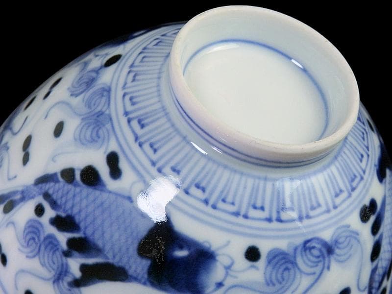 古伊万里　染付　流水に鯉の図　蓋茶碗　E871AS-fbsn