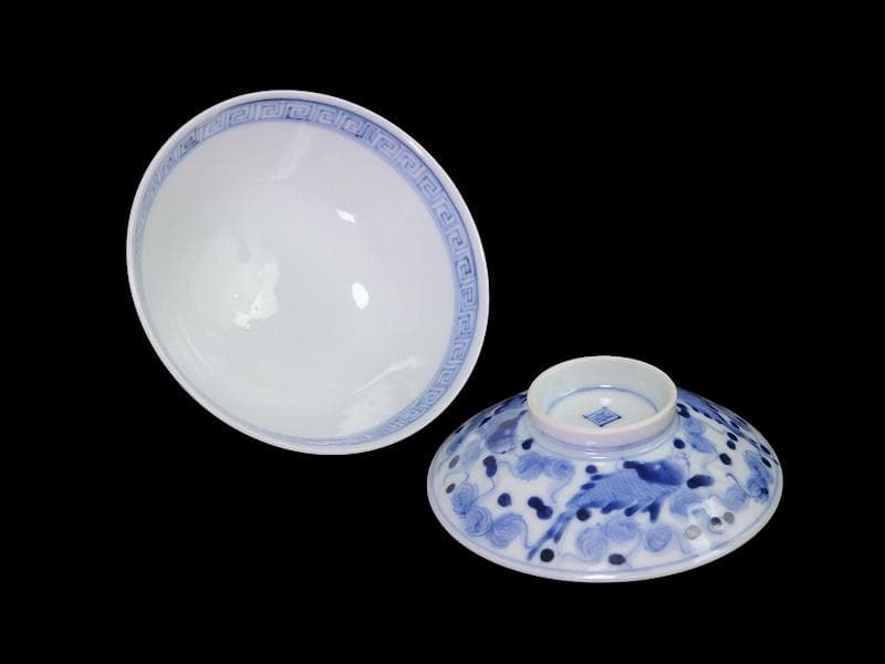 古伊万里　染付　流水に鯉の図　蓋茶碗　E871AS-fbsn