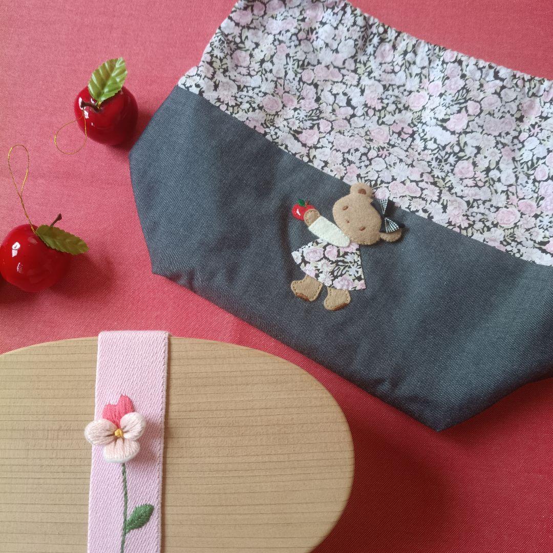 黒 チャイブ❀立体アップリケ付き巾着袋❀ハンドメイド