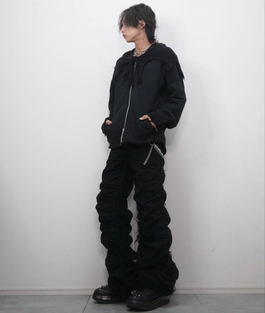 GRANCY シャーリングダメージデザインコットンパンツ　Sサイズ　ブラック