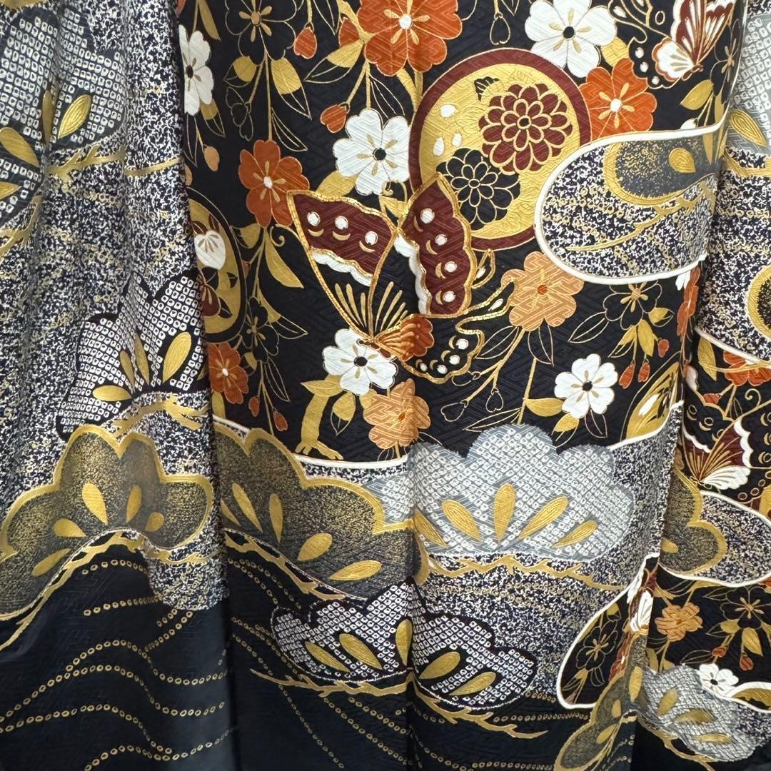 美品　たたき染　黒灰　金駒刺繍　舞蝶　金彩　松　逸品　フルセット　振袖　振り袖