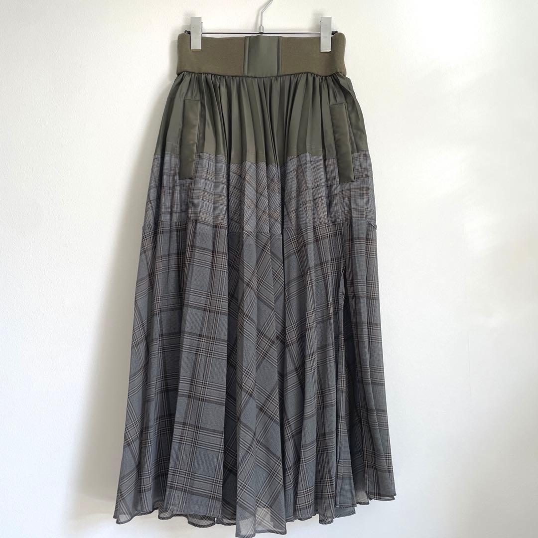 sacai22年ミックスチェックプリーツスカートグレードッキング1グレン
