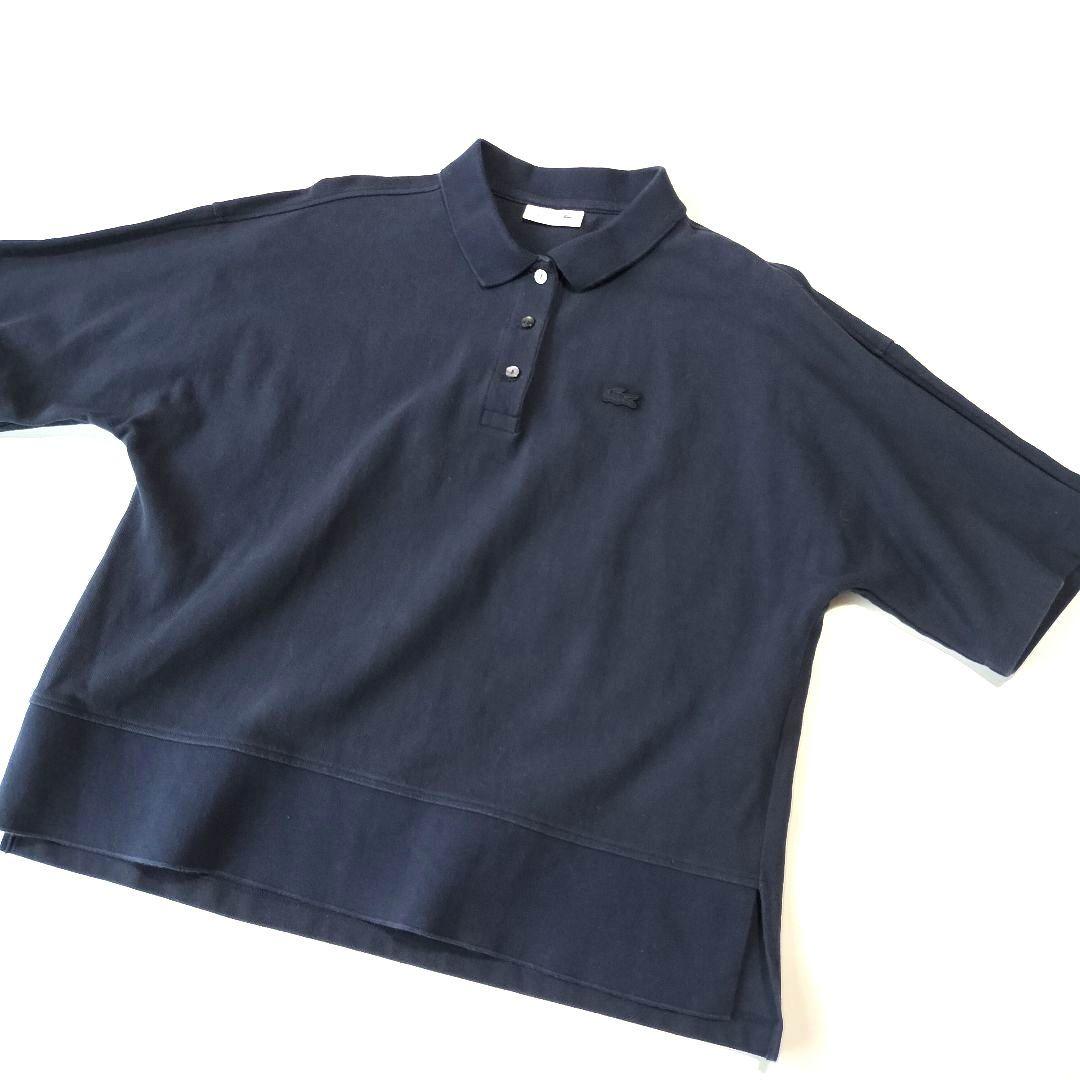 LACOSTE 日本製 ワイド ポロシャツ 鹿の子 ドロップ スリット 紺