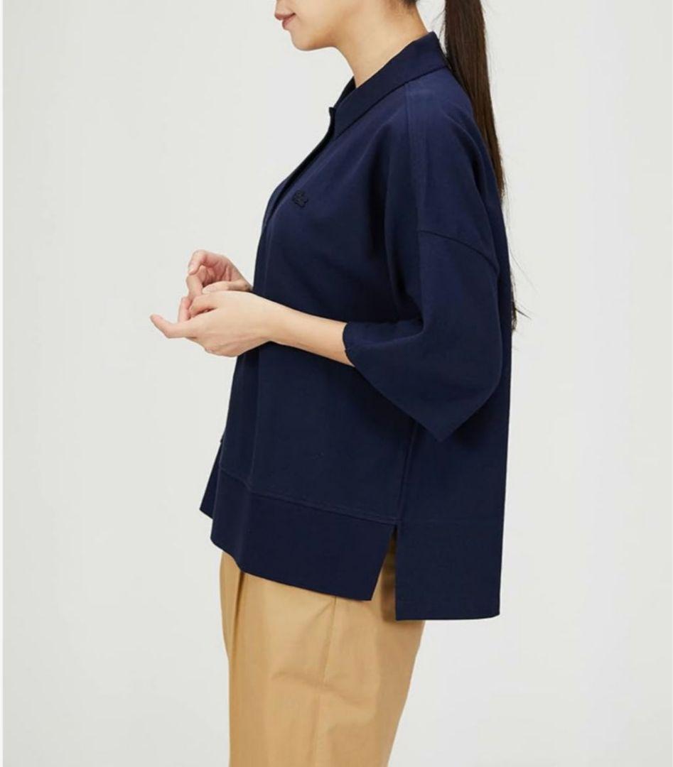LACOSTE 日本製 ワイド ポロシャツ 鹿の子 ドロップ スリット 紺