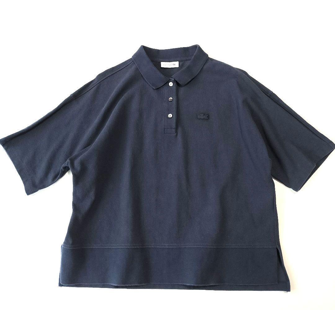 LACOSTE 日本製 ワイド ポロシャツ 鹿の子 ドロップ スリット 紺