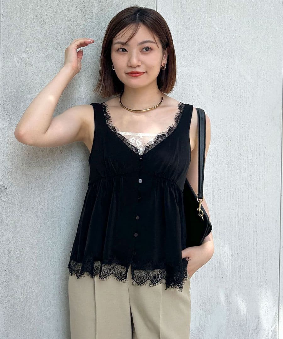 ココディール　新品タグ付　サテンレースキャミタンク　ブラック　25AW