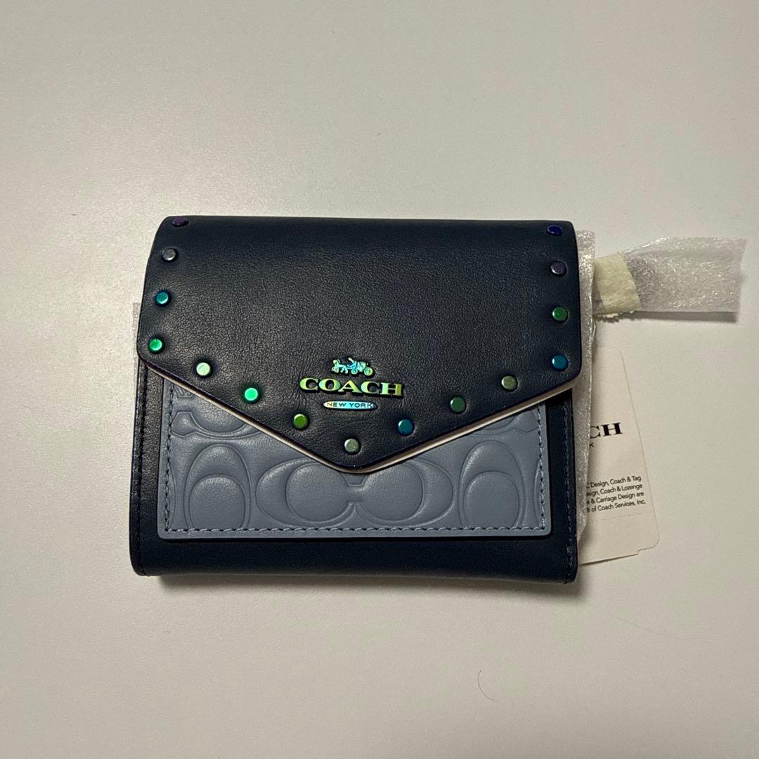 【新品未使用】 COACH 三つ折り財布 ネイビー/ライトブルー